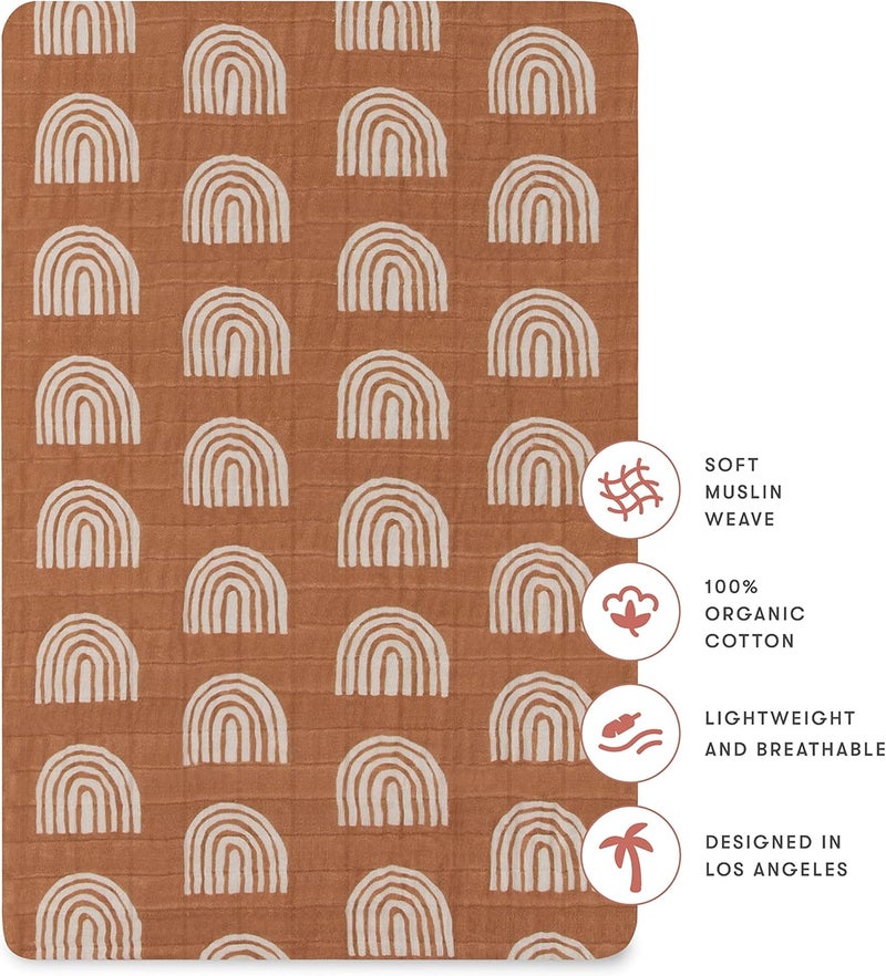 babyletto Muslin Baby Bassinet Sheets for Girls & Boys - GOTS Certified Breathable Organic Cotton Cover, 360° Fitted, Soft & Cozy Rectangle Bedside Bassinet Sheets - Terracota Rainbow - Image 3